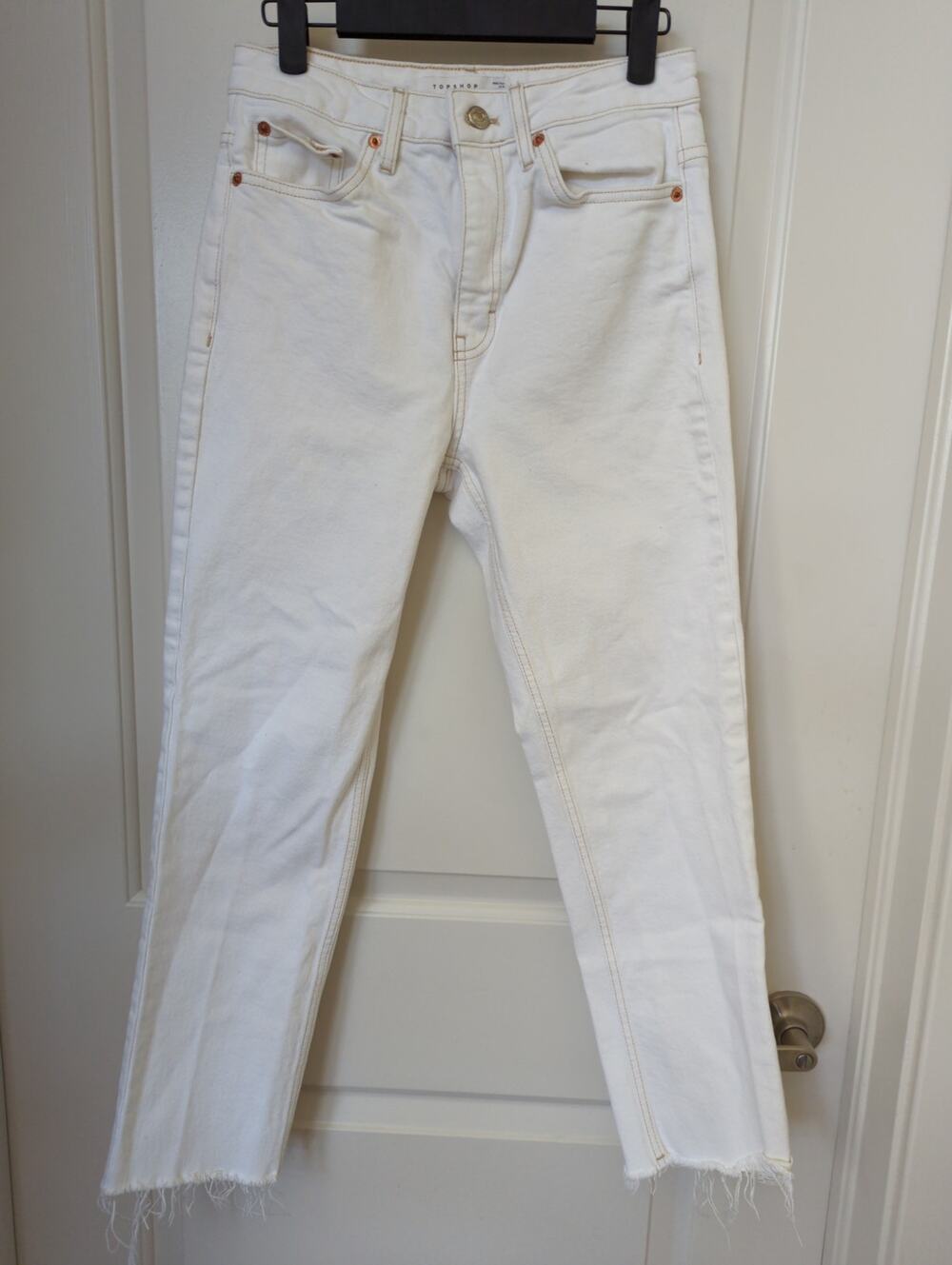 Topshop Straight Crop Jeans White Hi-Rise Frayed Hem Size 28